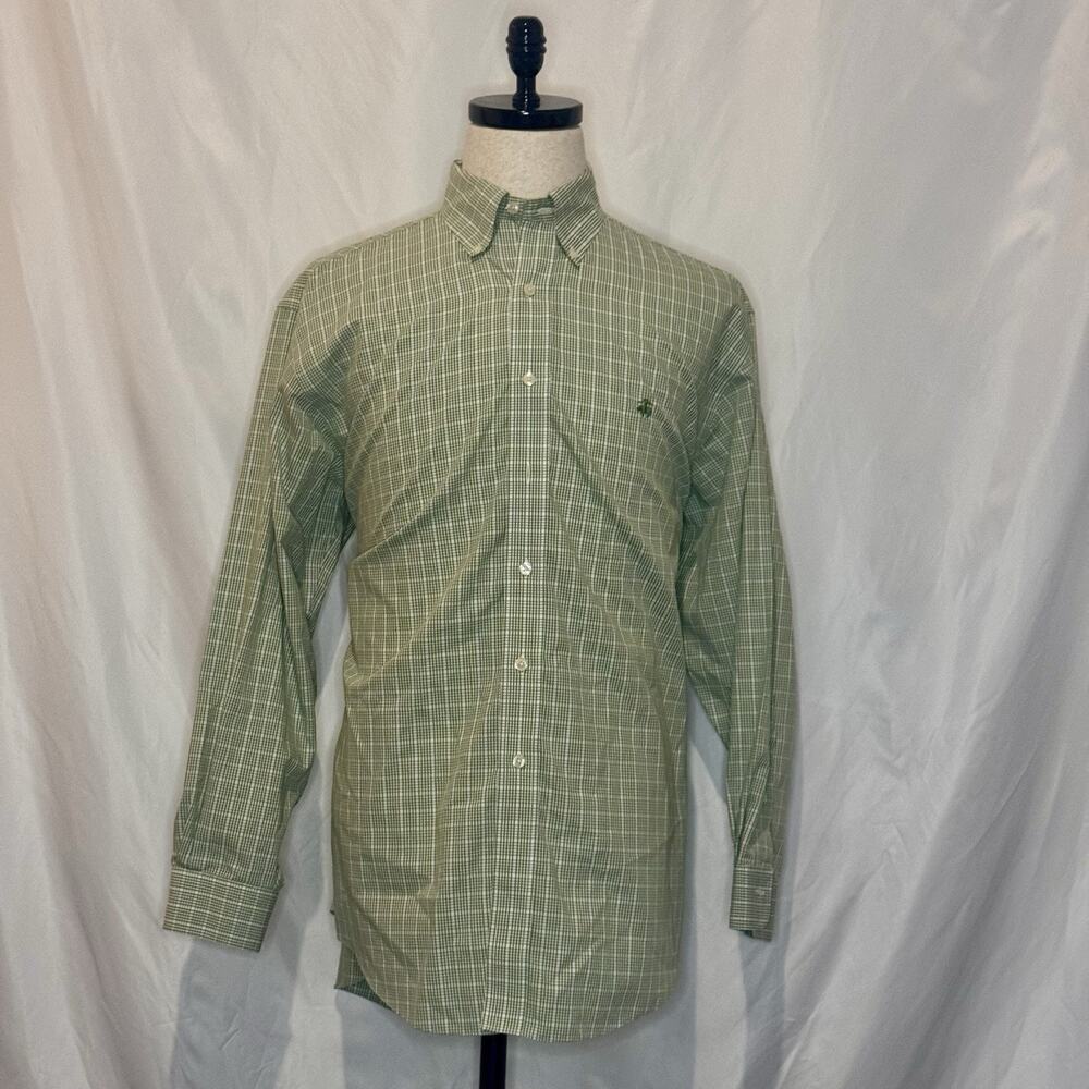 Brooks Brothers 346 Dress Shirt Mens Large Green Gingham Check Non Iron Cotton L